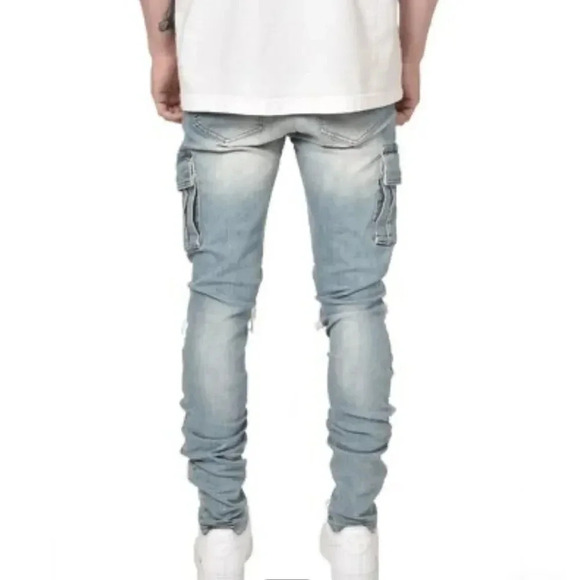 REPUTATION  STUDIOS MENS SLIM FIT DISTRESSED CARGO DENIM LIGHT STONE SIZE30 - Picture 2 of 10